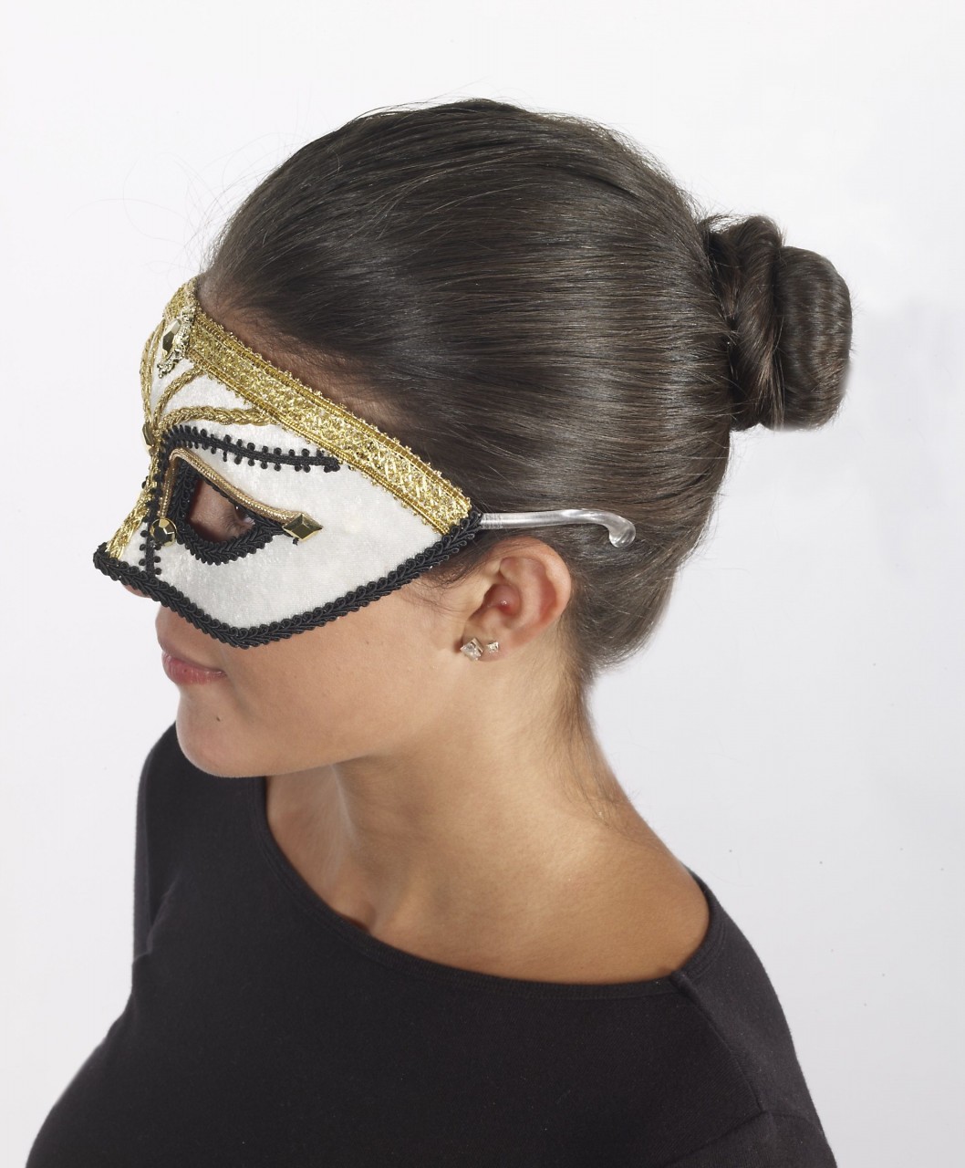 White Masquerade Mask with Gold & Black Trim Costumes