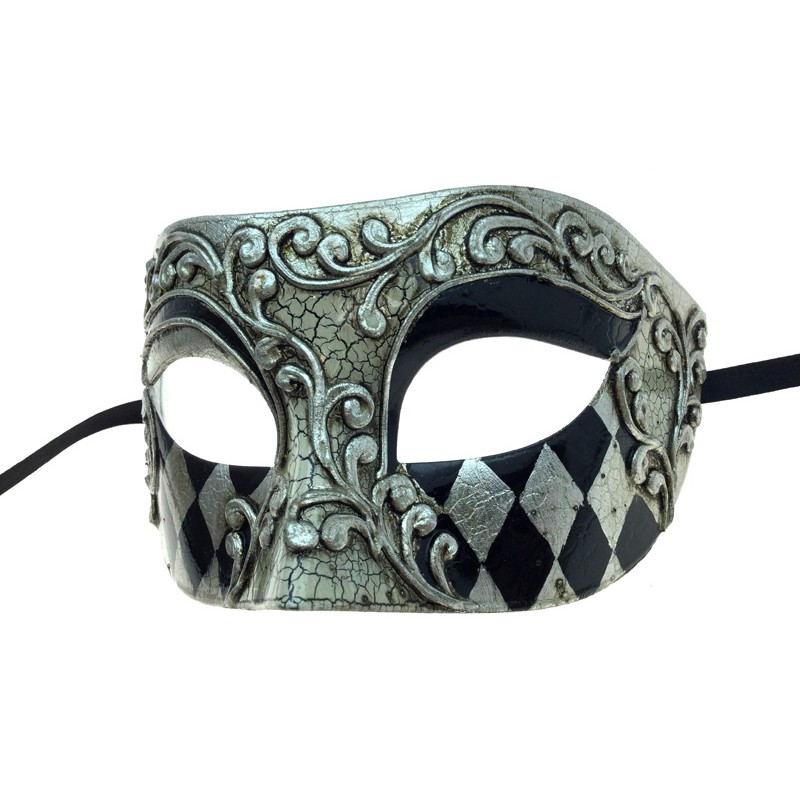 Venetian Men's Silver & Black Harlequin Mask - Screamers Costumes